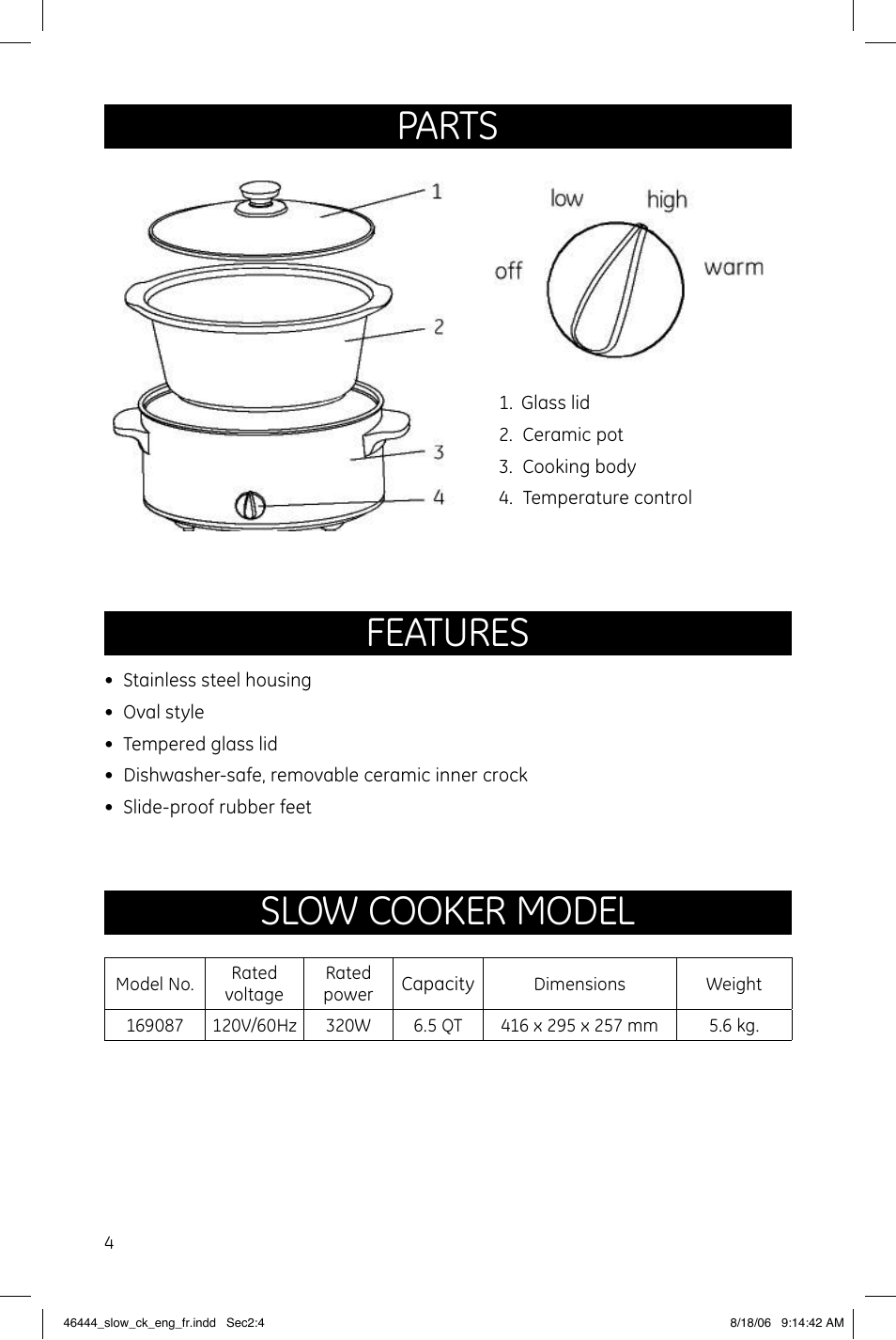 Parts features, Slow cooker model | GE 681131690874 User Manual | Page 4 / 6