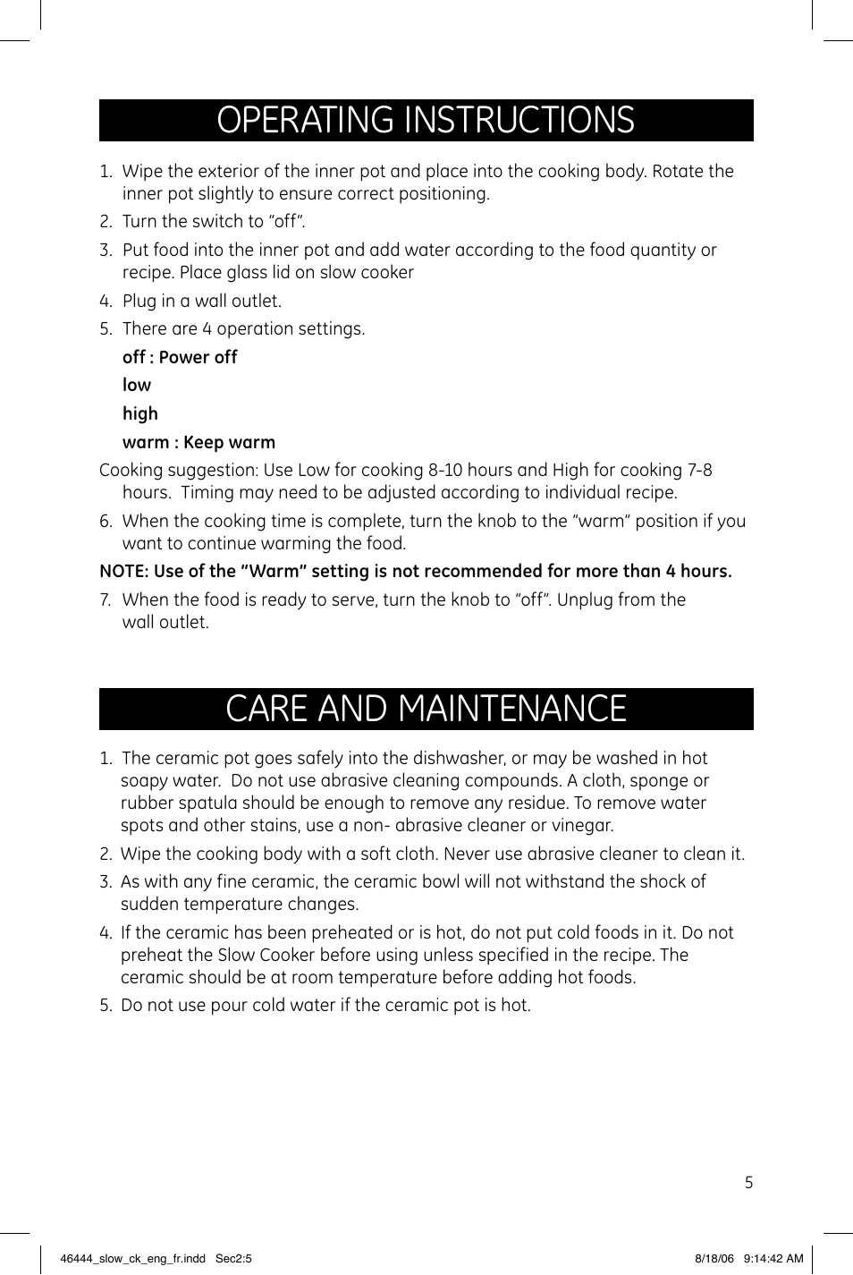 Operating instructions, Care and maintenance | GE 681131690874 User Manual | Page 5 / 6