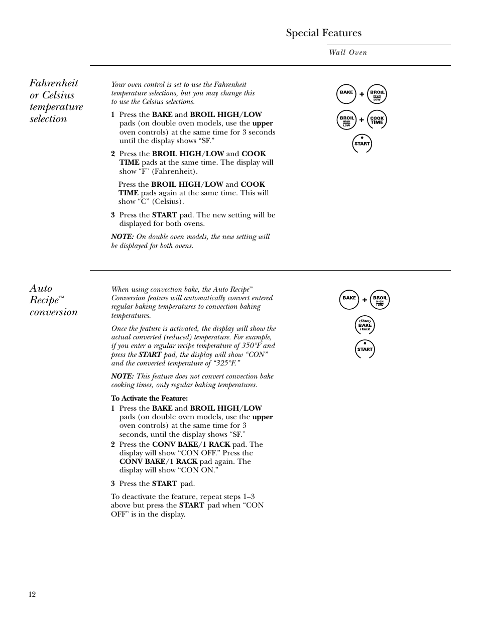 Special features, Fahrenheit or celsius temperature selection, Auto recipe | Conversion | GE ZET958 30 User Manual | Page 12 / 48