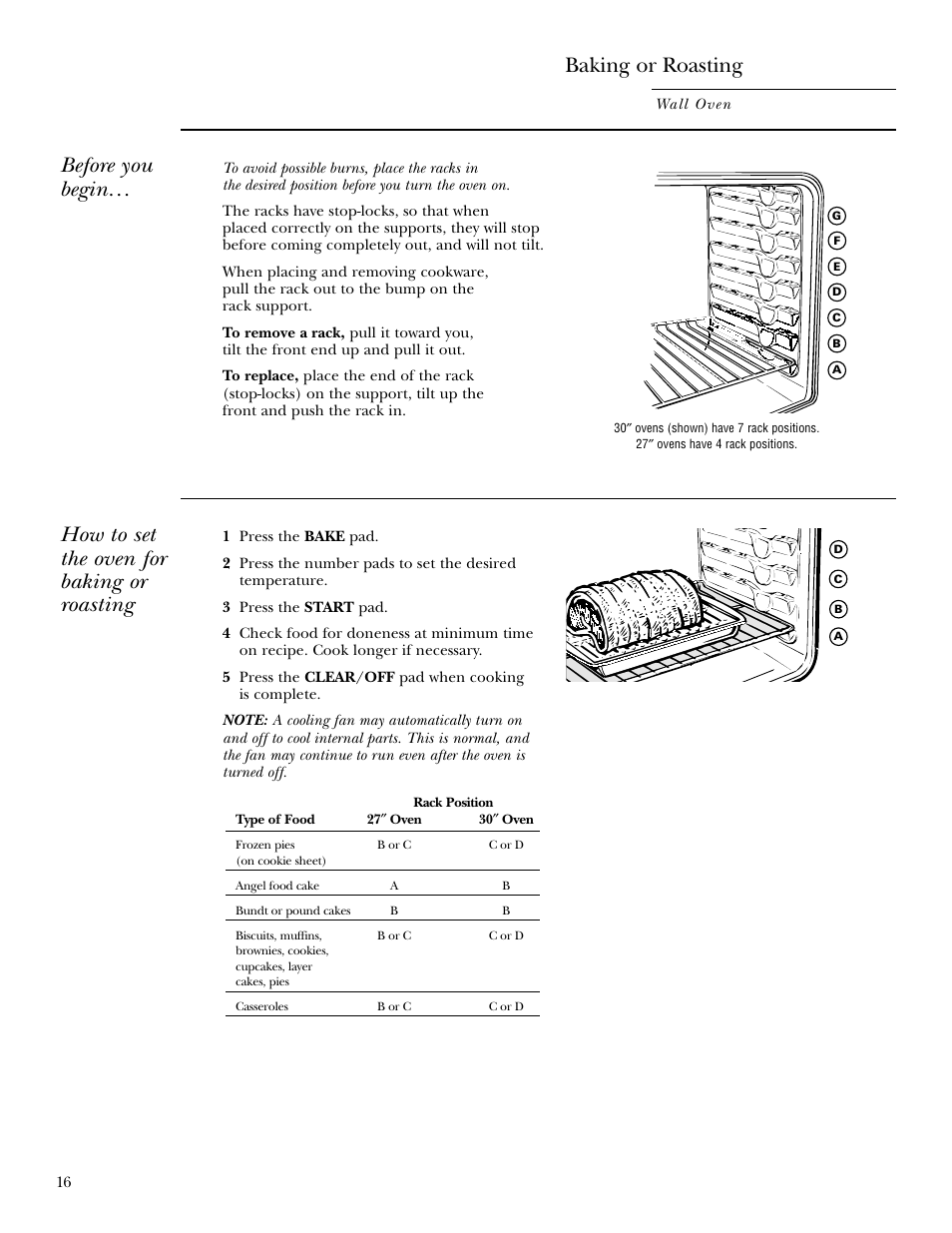 Baking or roasting, Baking or roasting , 17, Before you begin | How to set the oven for baking or roasting | GE ZET958 30 User Manual | Page 16 / 48
