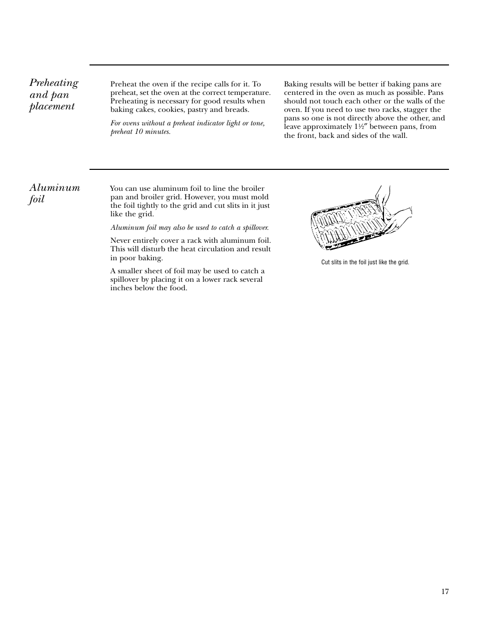 Preheating and pan placement, Aluminum foil | GE ZET958 30 User Manual | Page 17 / 48