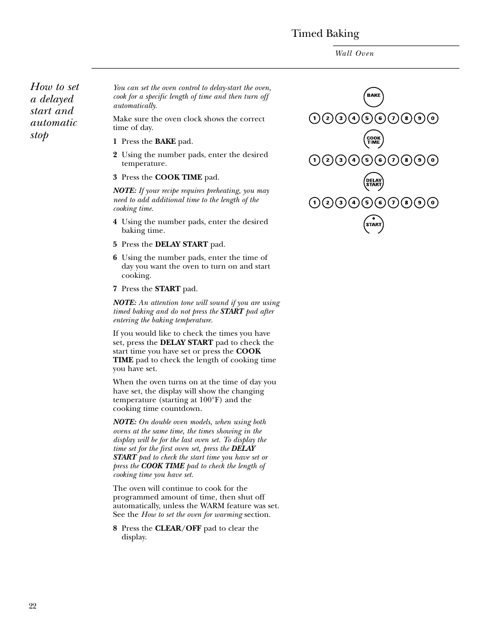 How to set a delayed start and automatic stop, Timed baking | GE ZET958 30 User Manual | Page 22 / 48