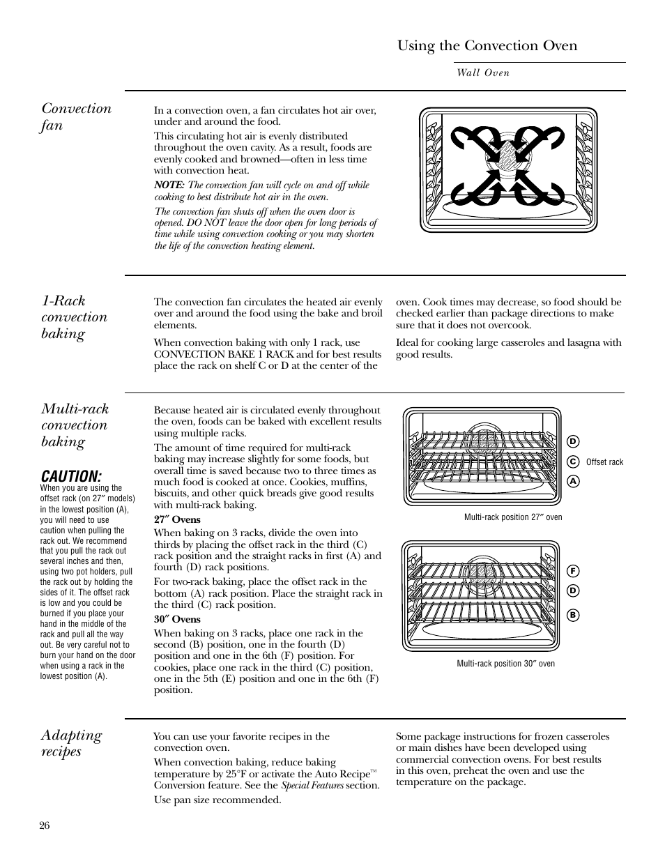 Convection, Convection –31, Using the convection oven | Convection fan, Rack convection baking, Adapting recipes, Multi-rack convection baking, Caution | GE ZET958 30 User Manual | Page 26 / 48