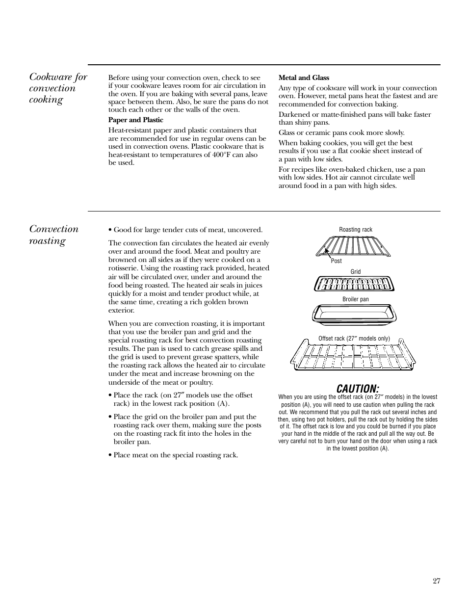 Convection roasting, Caution, Cookware for convection cooking | GE ZET958 30 User Manual | Page 27 / 48