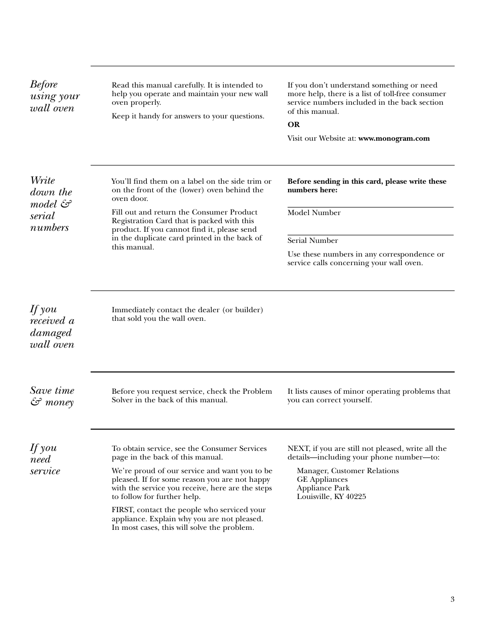 Model and serial numbers, If you need service, Before using your wall oven | Write down the model & serial numbers, If you received a damaged wall oven, Save time & money | GE ZET958 30 User Manual | Page 3 / 48