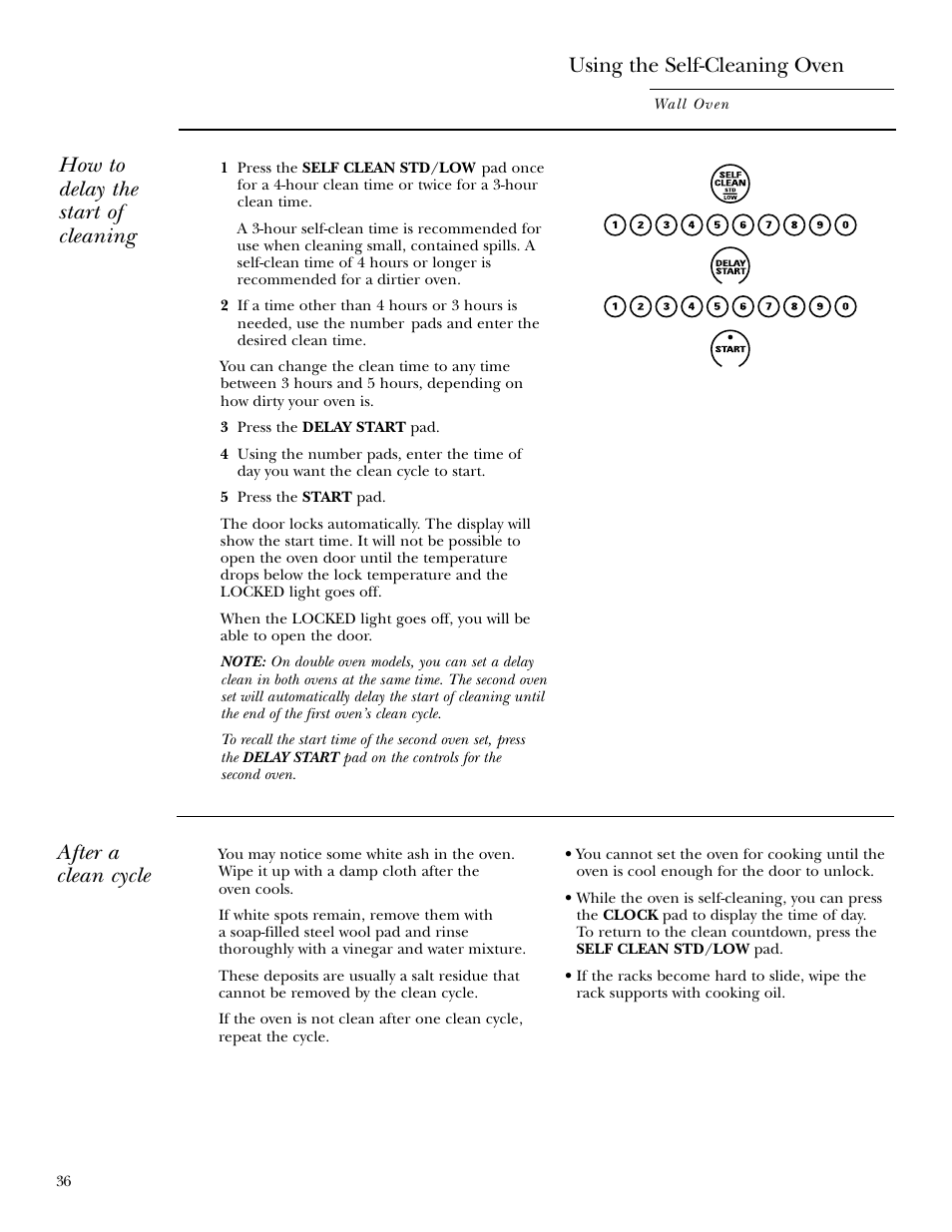 Using the self-cleaning oven, How to delay the start of cleaning, After a clean cycle | GE ZET958 30 User Manual | Page 36 / 48