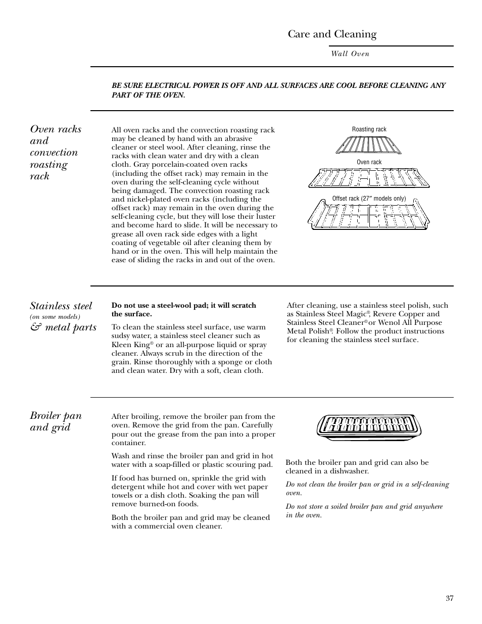 Broiler pan and grid, Racks, Stainless steel and metal parts | Care and cleaning, Stainless steel, Metal parts, Oven racks and convection roasting rack | GE ZET958 30 User Manual | Page 37 / 48