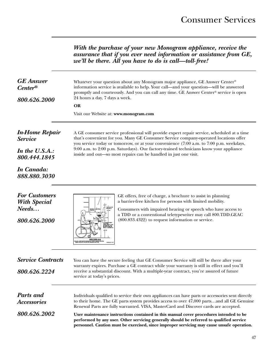 Important phone numbers, Consumer services | GE ZET958 30 User Manual | Page 47 / 48