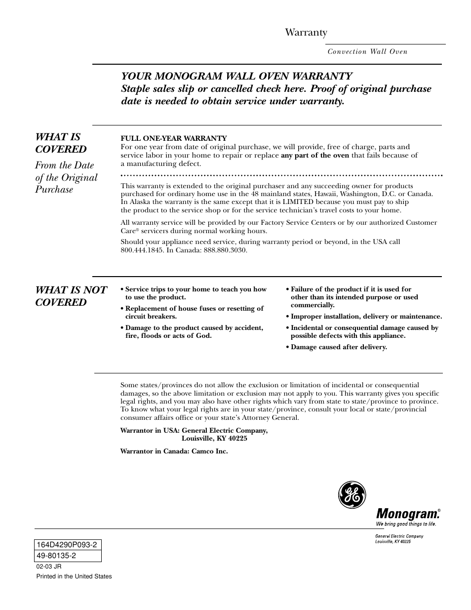 Warranty, What is not covered | GE ZET958 30 User Manual | Page 48 / 48