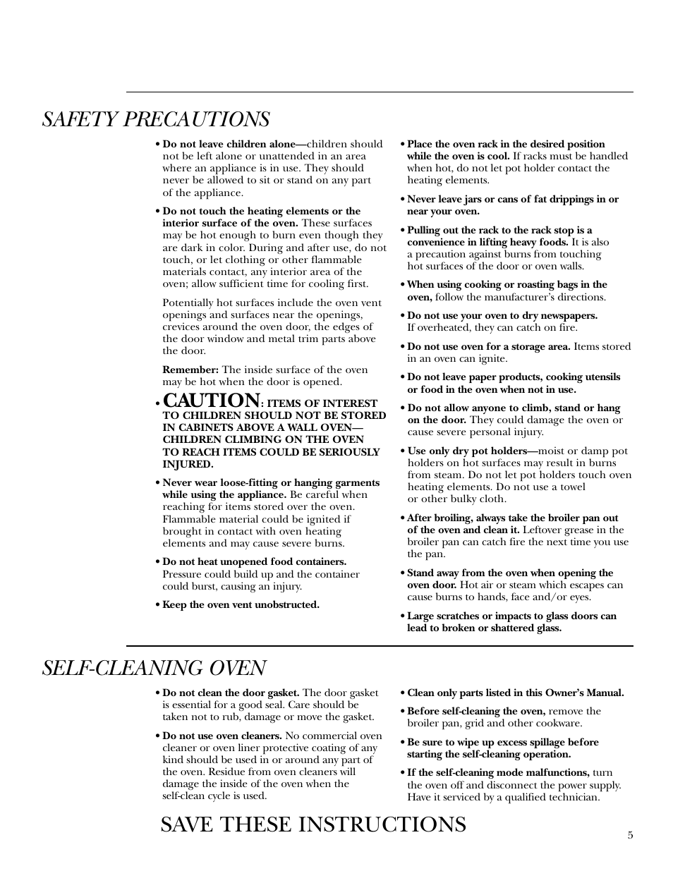 Safety precautions, Self-cleaning oven, Save these instructions | Caution | GE ZET958 30 User Manual | Page 5 / 48