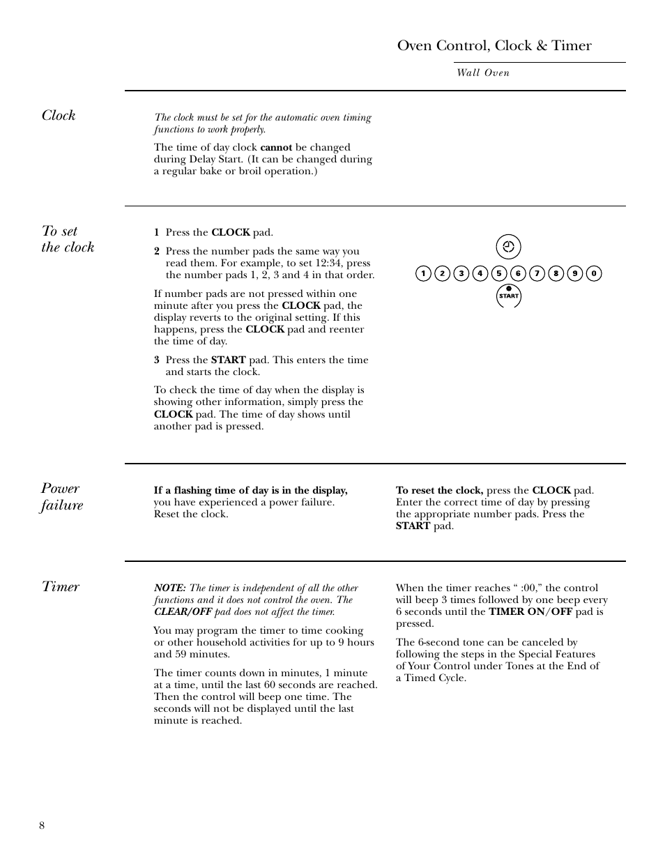 Clock and timer, Clock and timer , 9, Oven control, clock & timer | Clock, Timer, Power failure | GE ZET958 30 User Manual | Page 8 / 48