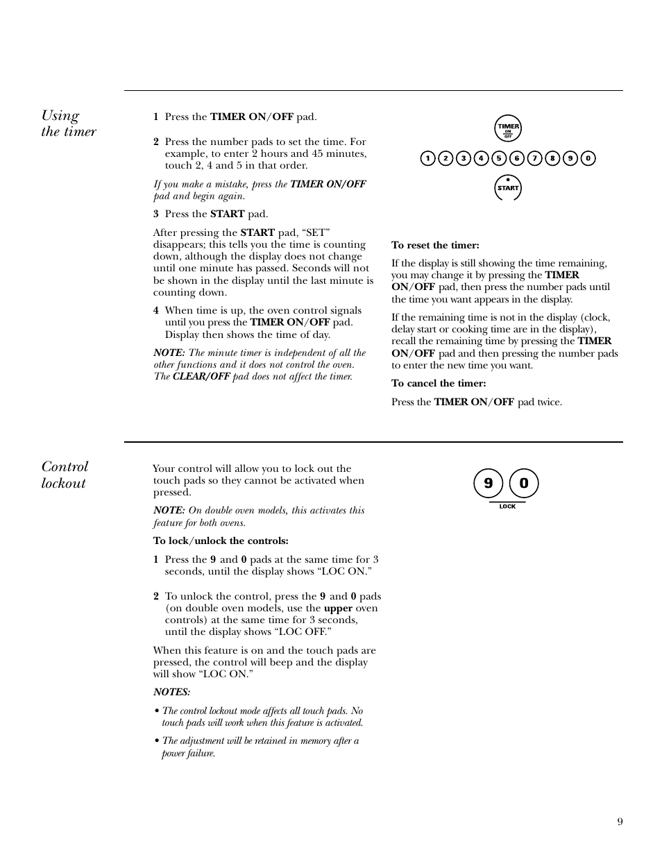 Using the timer, Control lockout | GE ZET958 30 User Manual | Page 9 / 48