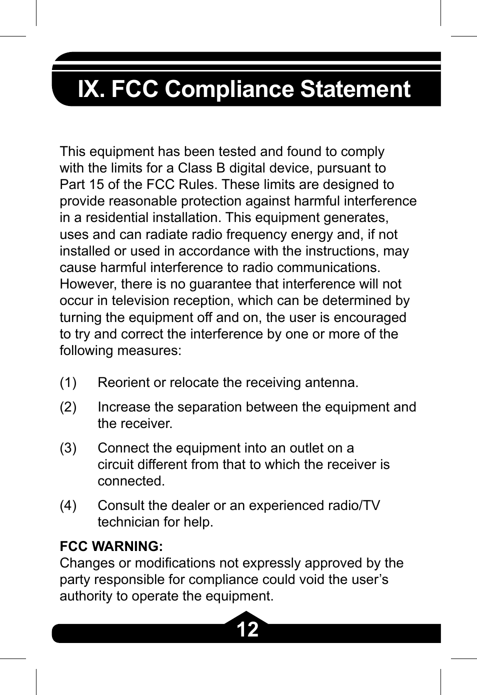 Ix. fcc compliance statement | GE 97845 - green User Manual | Page 12 / 26