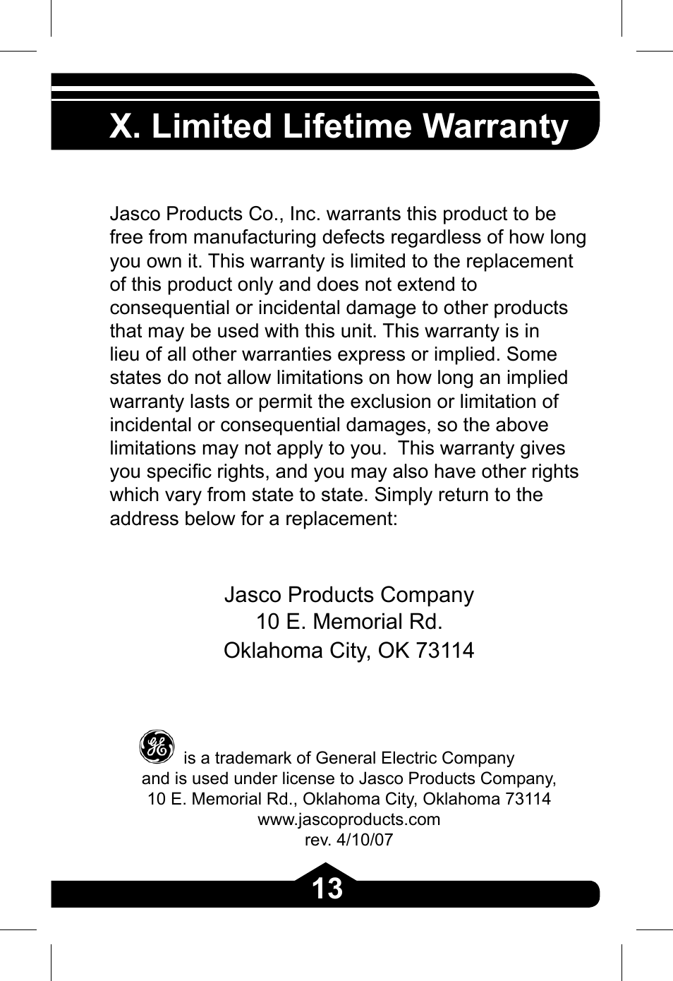 X. limited lifetime warranty | GE 97845 - green User Manual | Page 13 / 26