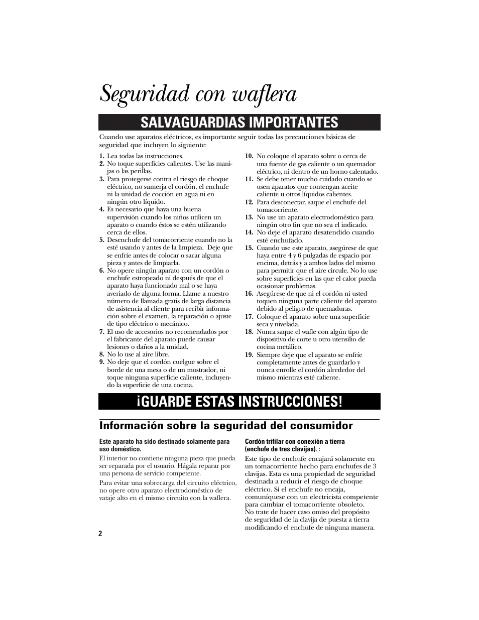 Seguridad con waflera, Información sobre la seguridad del consumidor | GE 840085600 User Manual | Page 10 / 16