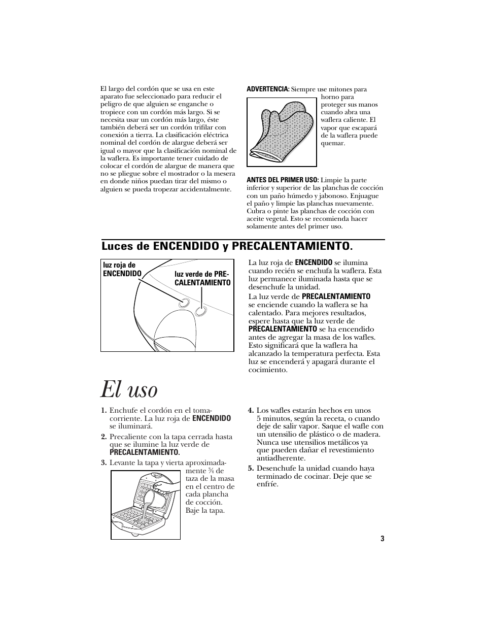 El uso, Luces de encendido y precalentamiento | GE 840085600 User Manual | Page 11 / 16