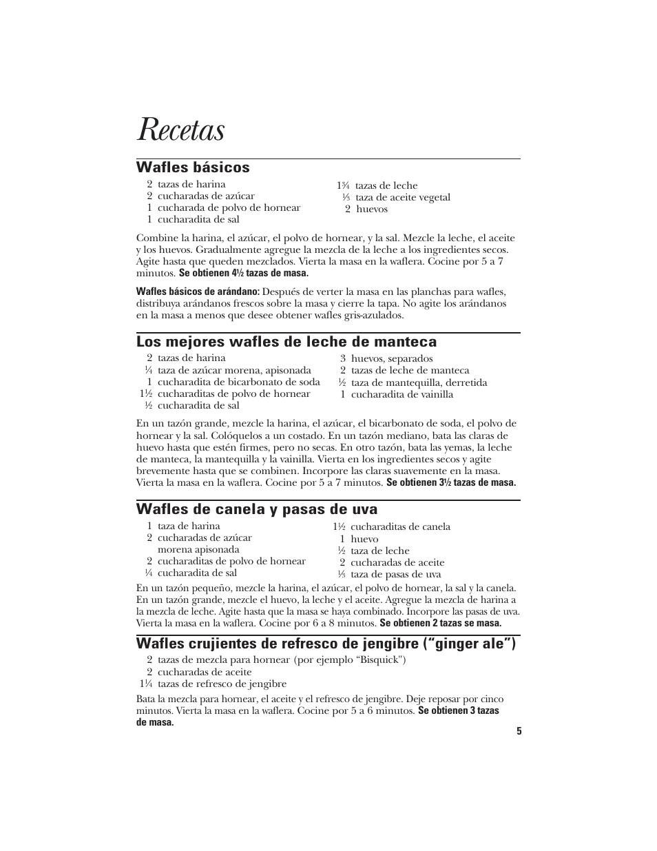 Recetas, Wafles básicos, Los mejores wafles de leche de manteca | Wafles de canela y pasas de uva | GE 840085600 User Manual | Page 13 / 16