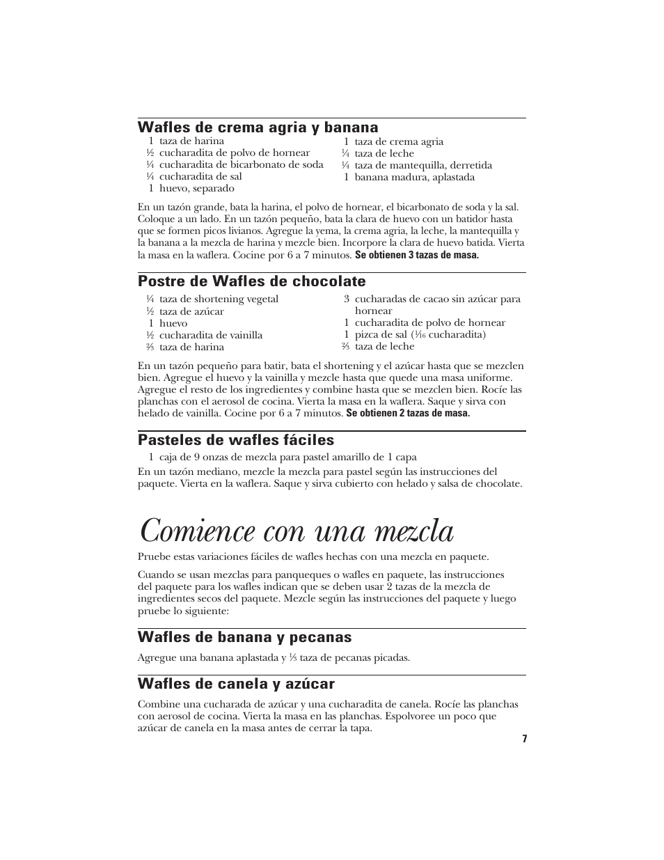 Comience con una mezcla, Wafles de banana y pecanas, Wafles de canela y azúcar | Wafles de crema agria y banana, Postre de wafles de chocolate, Pasteles de wafles fáciles | GE 840085600 User Manual | Page 15 / 16