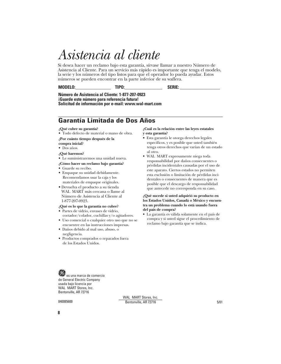 Asistencia al cliente, Garantía limitada de dos años | GE 840085600 User Manual | Page 16 / 16