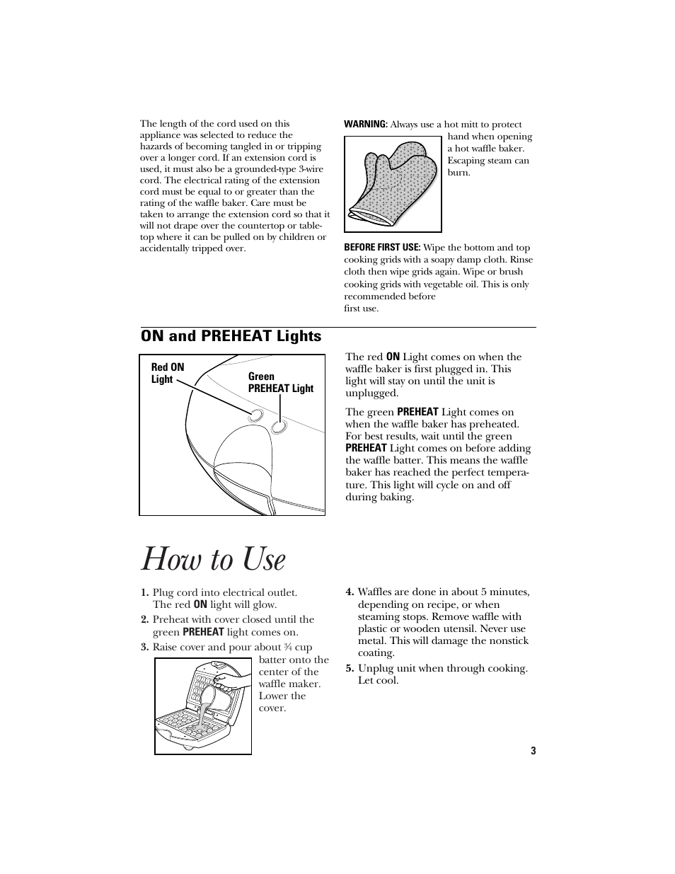 How to use, On and preheat lights | GE 840085600 User Manual | Page 3 / 16