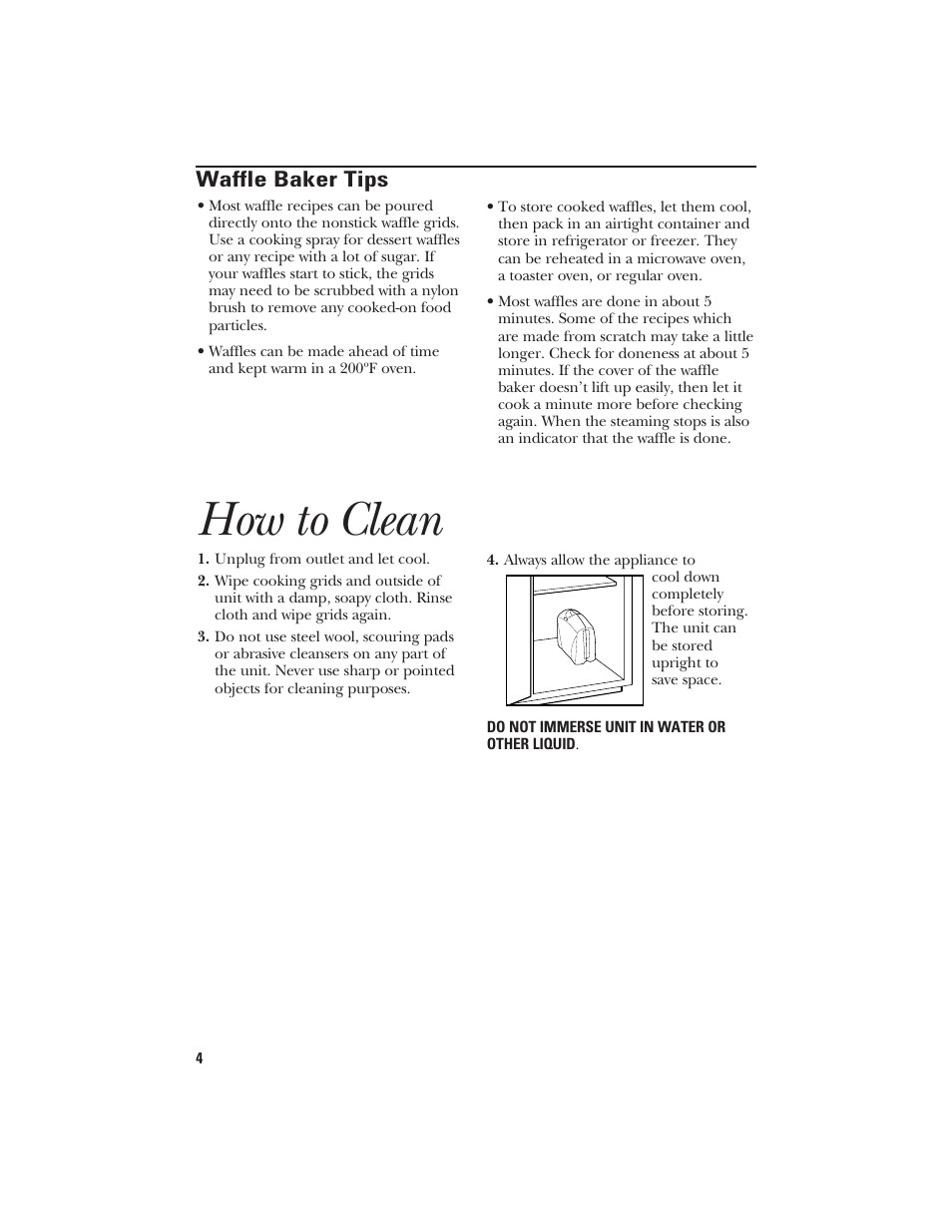 How to clean, Waffle baker tips | GE 840085600 User Manual | Page 4 / 16
