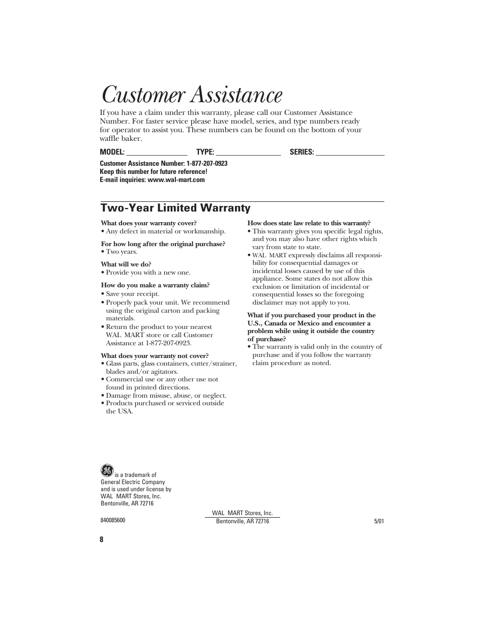 Customer assistance, Two-year limited warranty | GE 840085600 User Manual | Page 8 / 16