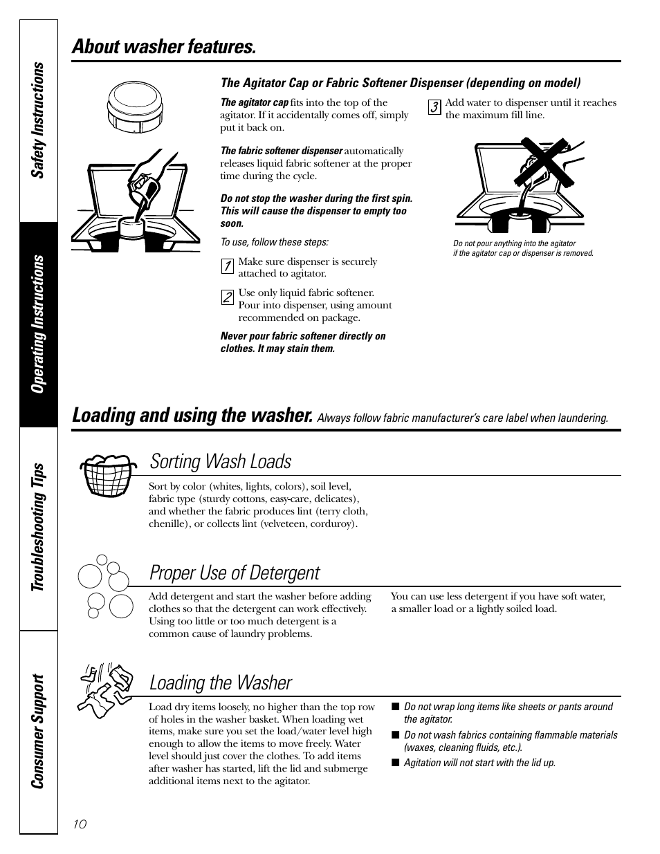 Loading and using the washer, Loading and using the washer , 11, Sorting wash loads proper use of detergent | Loading the washer, About washer features | GE WHDSE820 User Manual | Page 10 / 16