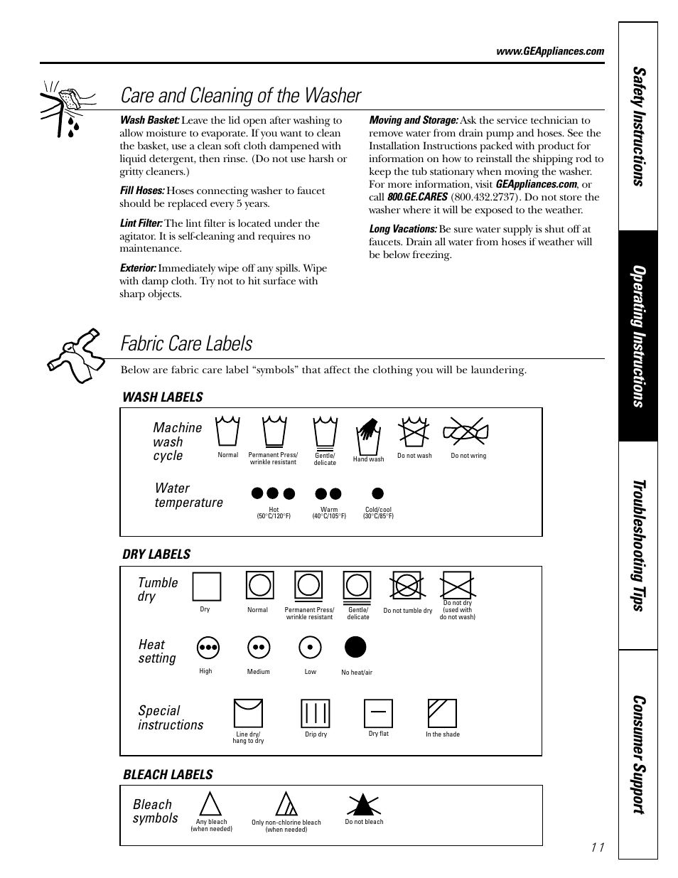 Care and cleaning of the washer, Fabric care labels, Machine wash cycle | Water temperature, Tumble dry, Heat setting, Special instructions, Bleach symbols, Wash labels dry labels bleach labels | GE WHDSE820 User Manual | Page 11 / 16