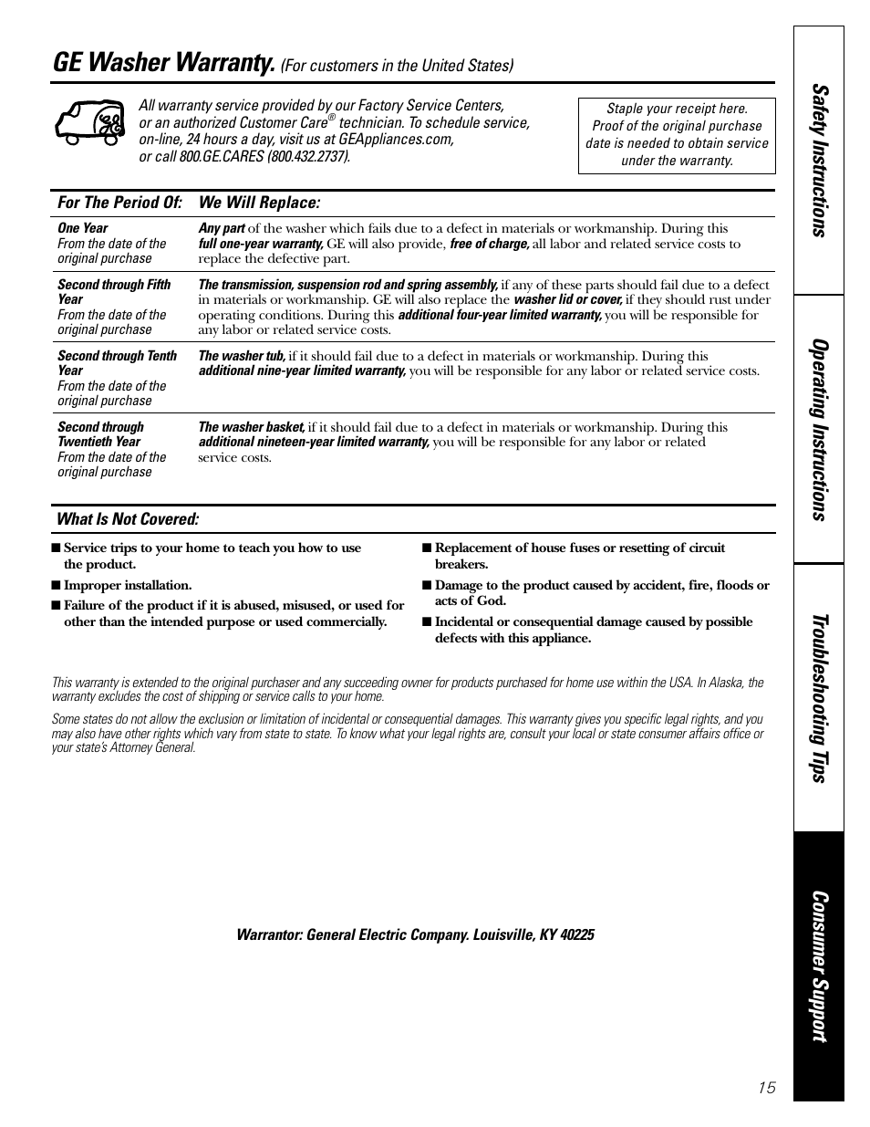 Warranty, Ge washer warranty | GE WHDSE820 User Manual | Page 15 / 16