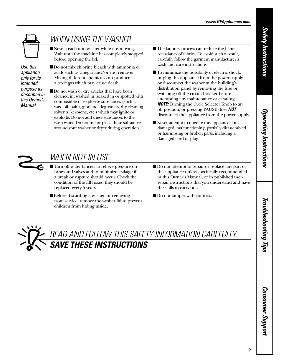 When using the washer | GE WHDSE820 User Manual | Page 3 / 16