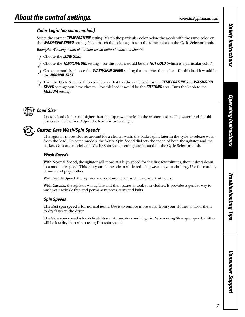 Control settings, Control settings , 8, About the control settings | GE WHDSE820 User Manual | Page 7 / 16