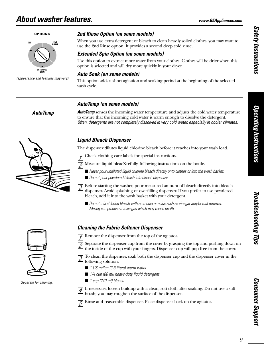 Features, Features , 10, About washer features | GE WHDSE820 User Manual | Page 9 / 16