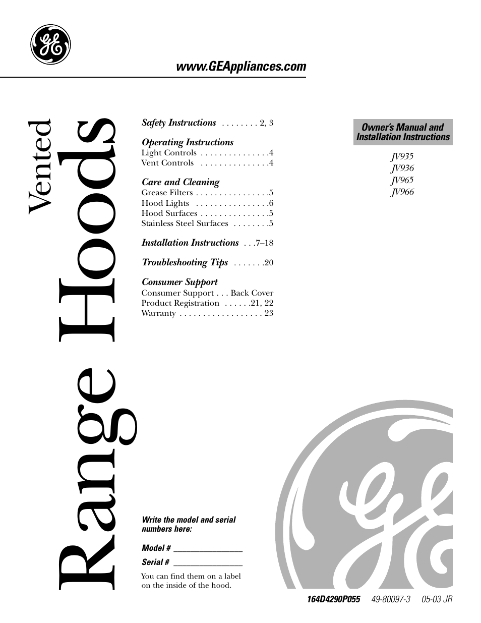 GE JV965 User Manual | 24 pages