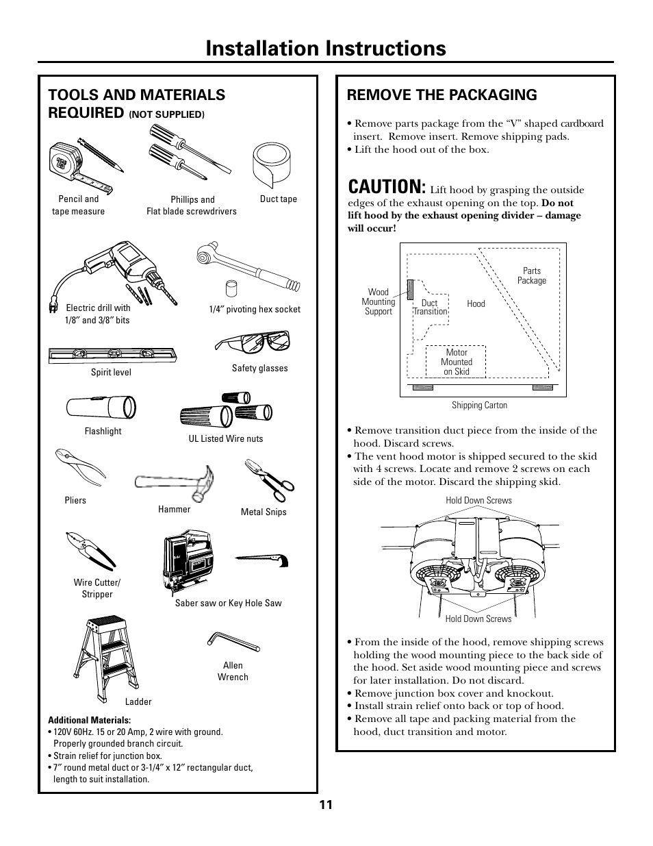 Installation instructions, Caution, Tools and materials required | Remove the packaging | GE JV965 User Manual | Page 11 / 24