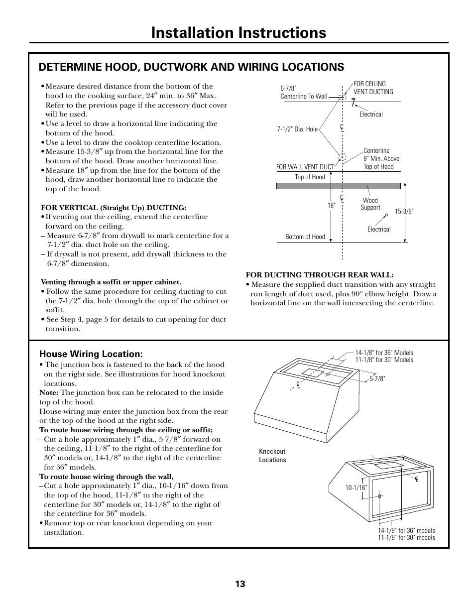Installation instructions, Determine hood, ductwork and wiring locations | GE JV965 User Manual | Page 13 / 24