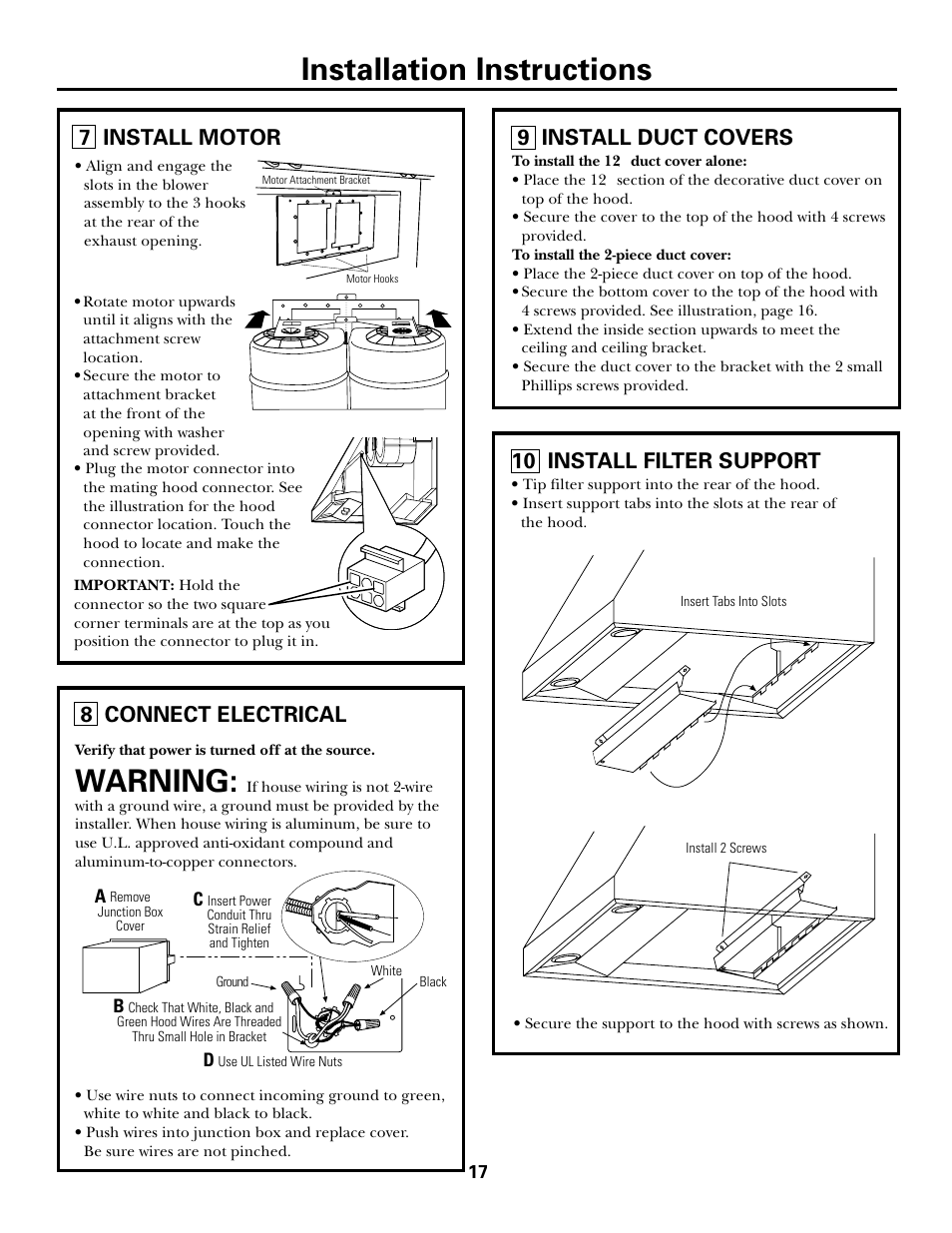 Installation instructions, Warning, 7 install motor 9 install duct covers | 8 connect electrical, 10 install filter support | GE JV965 User Manual | Page 17 / 24