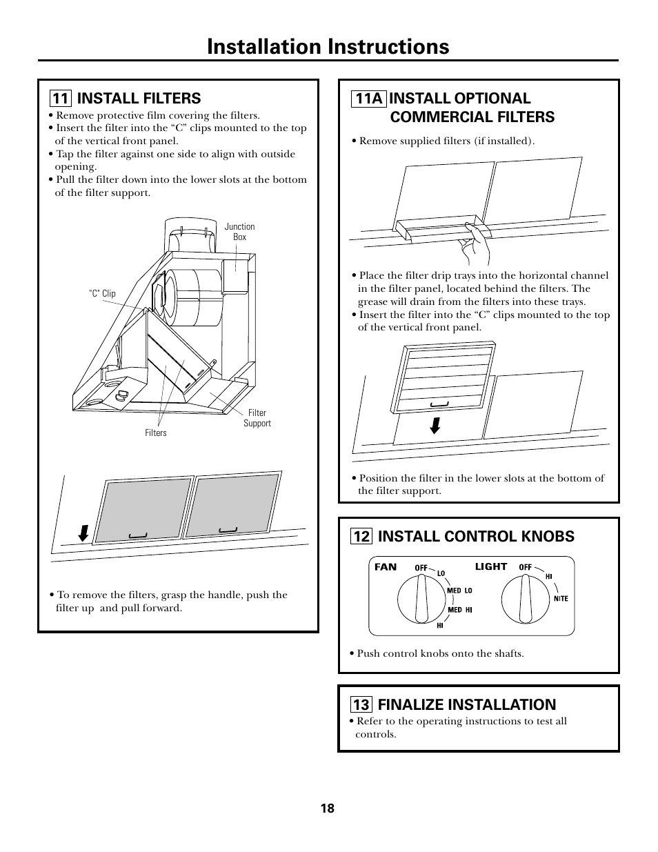 Installation instructions, 11 install filters, 11a install optional commercial filters | 12 install control knobs, 13 finalize installation | GE JV965 User Manual | Page 18 / 24