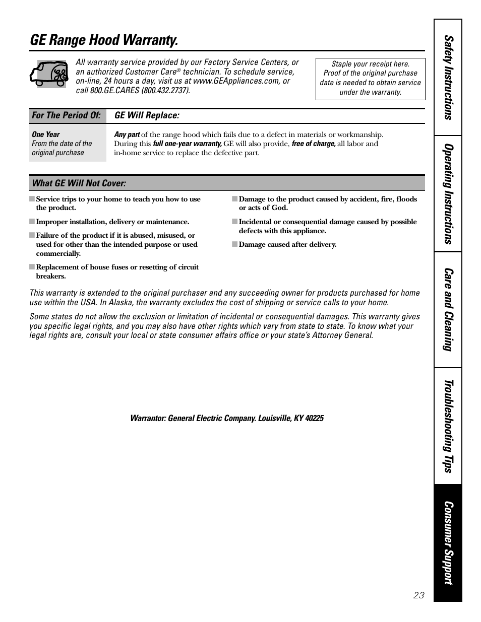 Warranty, Ge range hood warranty | GE JV965 User Manual | Page 23 / 24