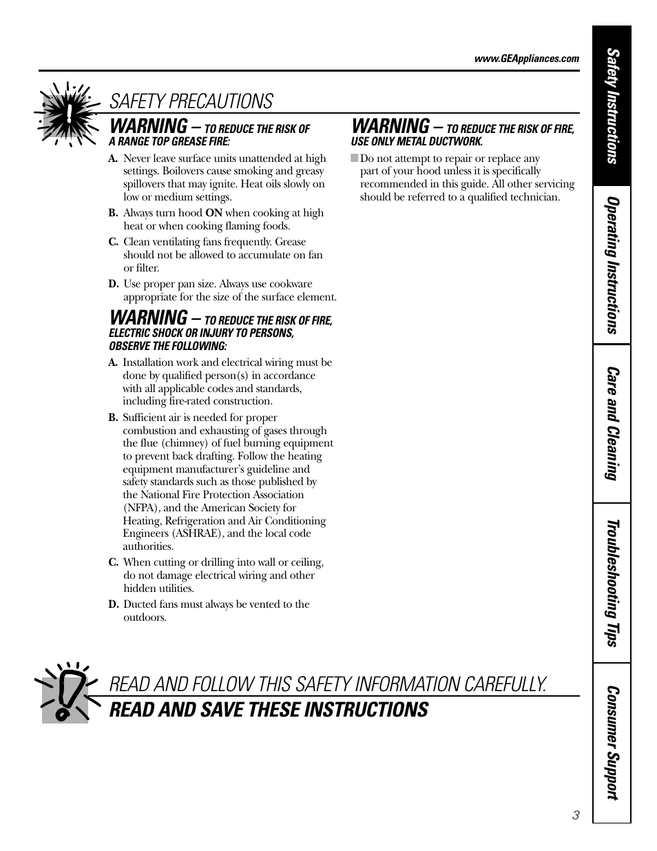 Warning | GE JV965 User Manual | Page 3 / 24