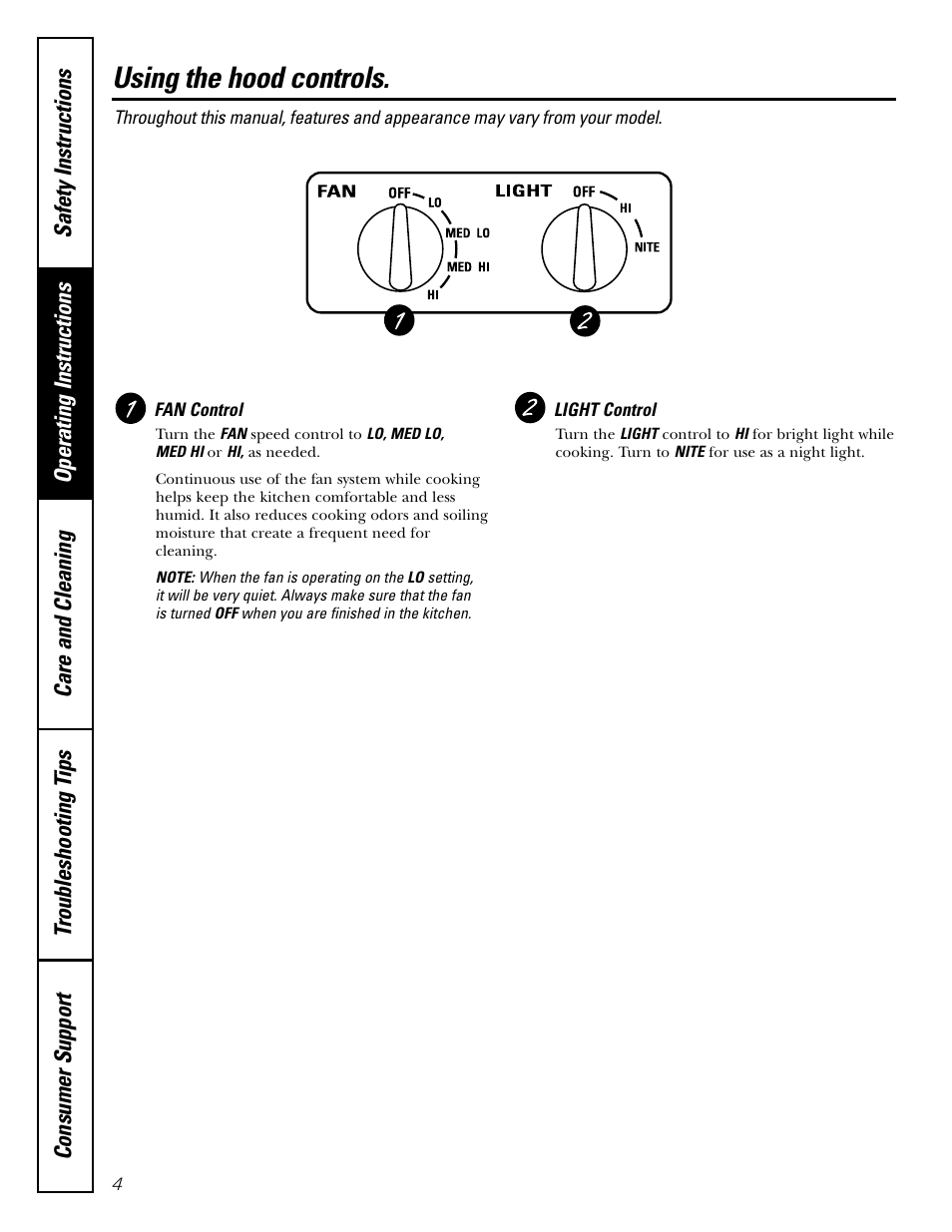 Light controls, Vent controls, Light controls vent controls | Using the hood controls | GE JV965 User Manual | Page 4 / 24