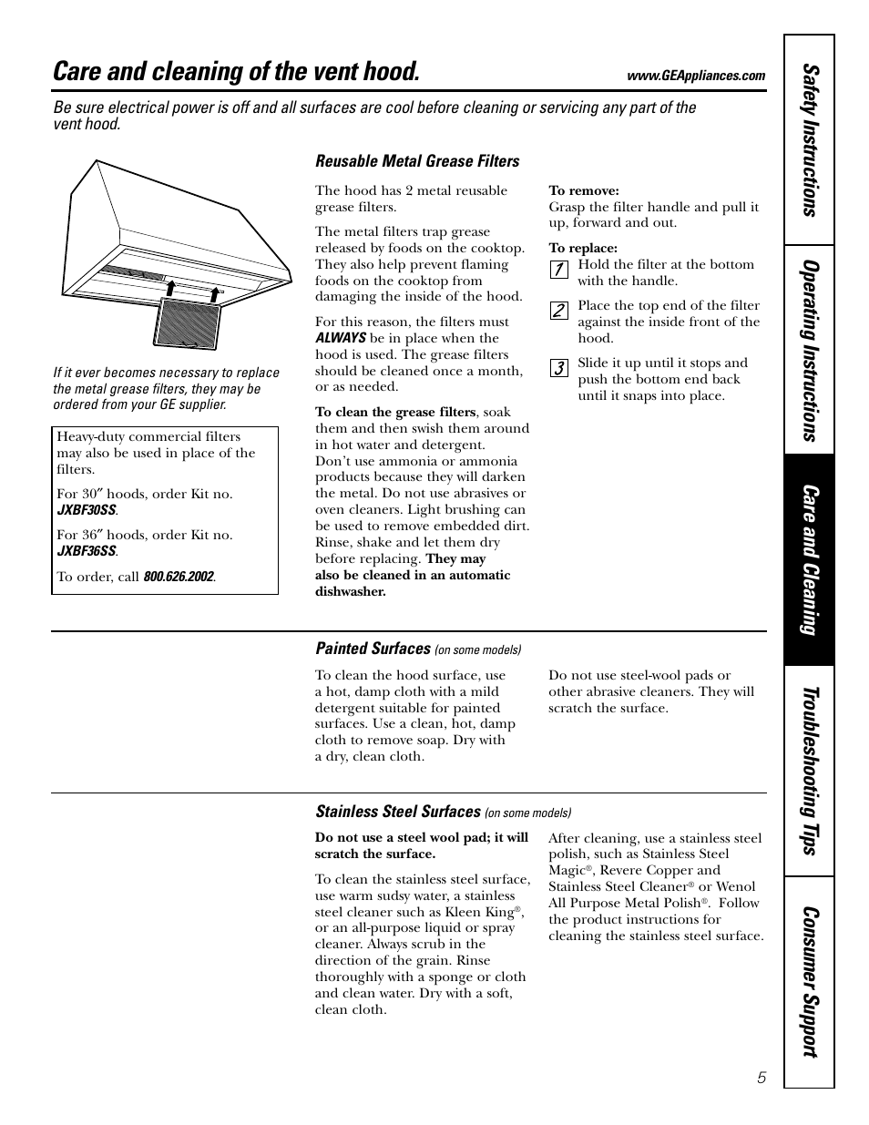 Grease filters, Hood surfaces, Stainless steel surfaces | Hood surfaces stainless steel surfaces, Care and cleaning of the vent hood | GE JV965 User Manual | Page 5 / 24