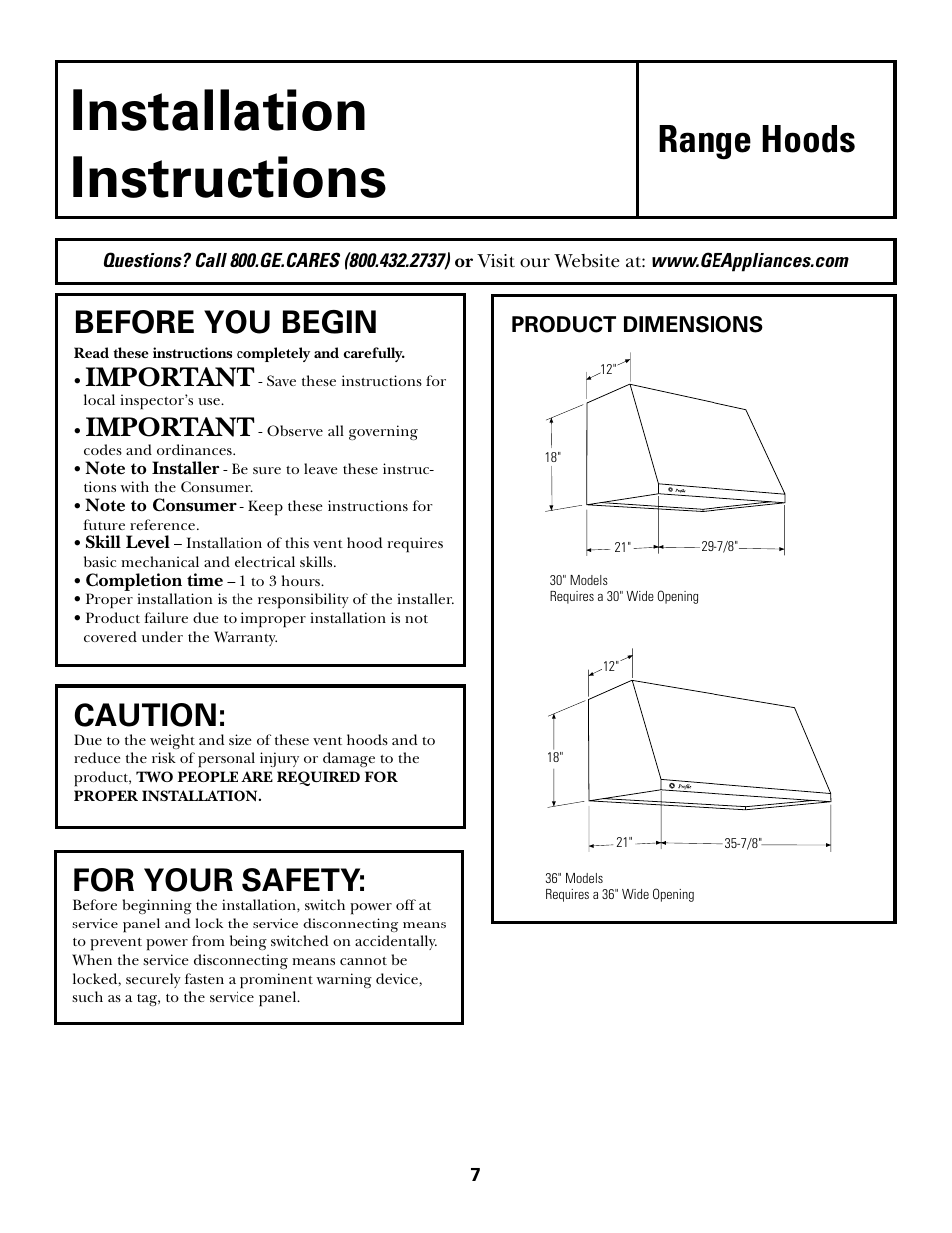Installation instructions, Range hoods, Before you begin | Caution, For your safety, Important | GE JV965 User Manual | Page 7 / 24