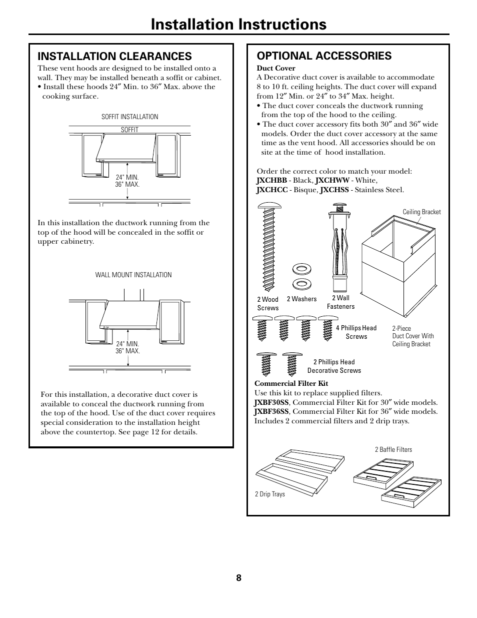 Installation instructions, Optional accessories, Installation clearances | GE JV965 User Manual | Page 8 / 24
