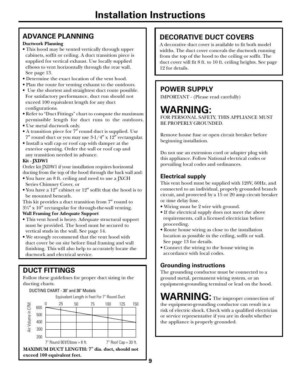 Installation instructions, Warning, Advance planning | Duct fittings, Power supply, Decorative duct covers | GE JV965 User Manual | Page 9 / 24