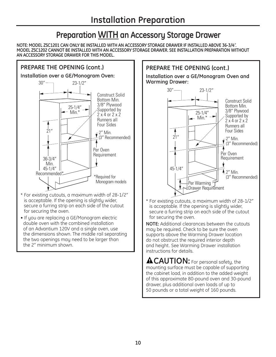 With, Installation preparation preparation, An accessory storage drawer | Caution | GE Advantium ZSC1202SS User Manual | Page 10 / 20