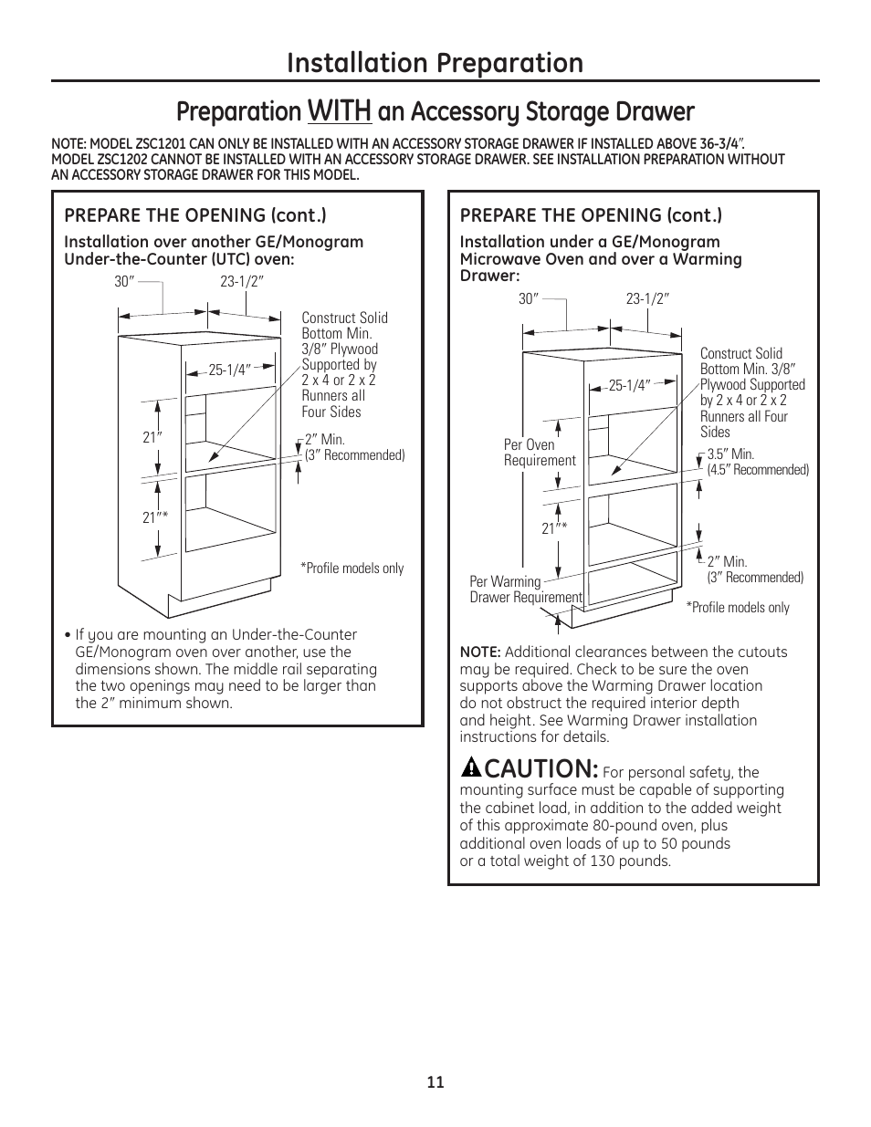 With, Installation preparation preparation, An accessory storage drawer | Caution | GE Advantium ZSC1202SS User Manual | Page 11 / 20