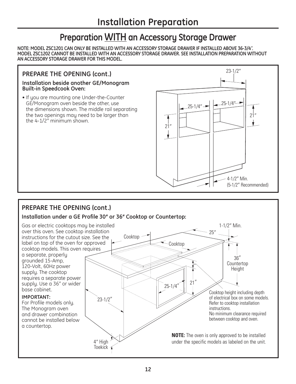 Installation under a 36″ cooktop, Installation under a 36, Cooktop | With, Installation preparation, Preparation, An accessory storage drawer | GE Advantium ZSC1202SS User Manual | Page 12 / 20