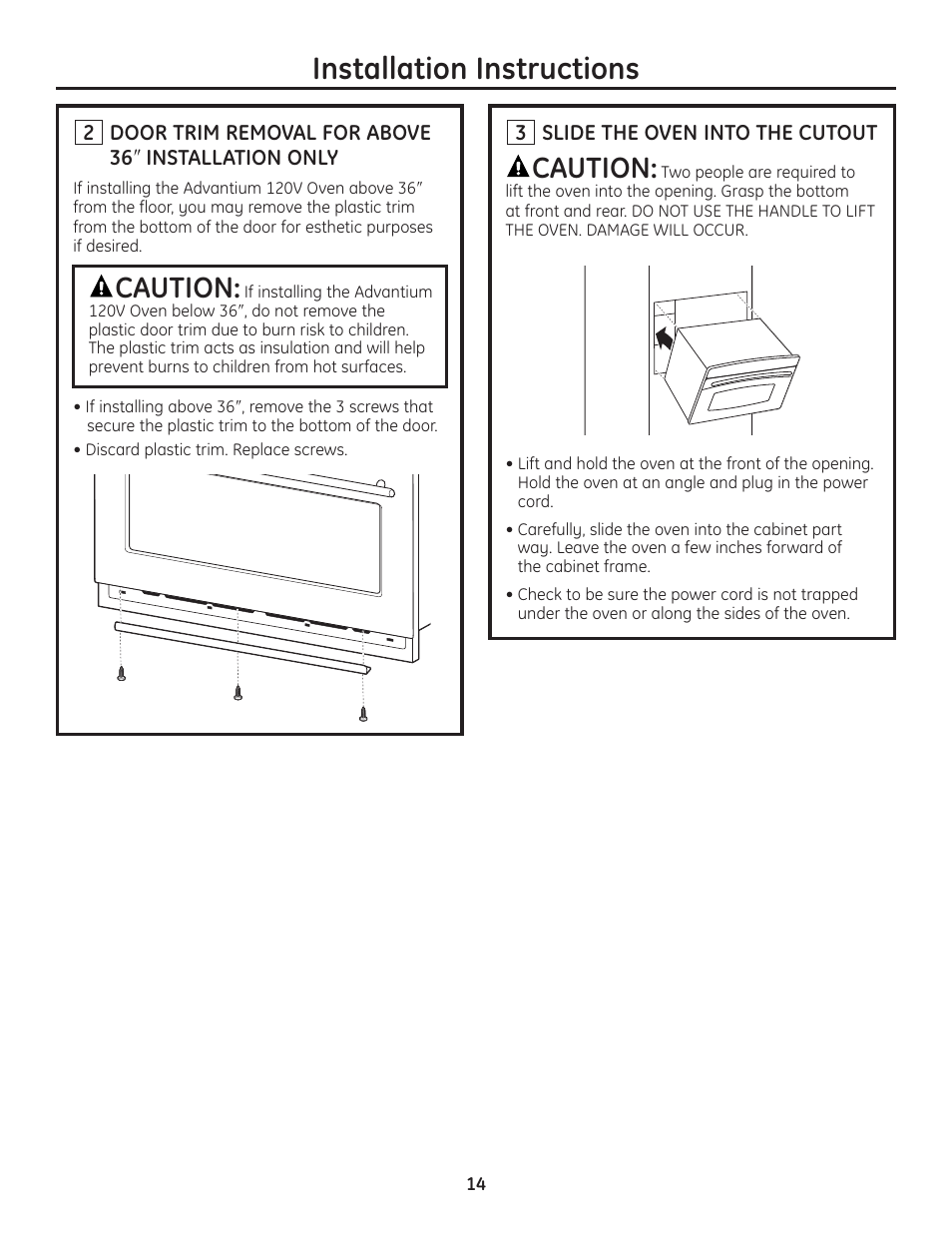 Step 2, install door trim, Step 3, route conduit, Step 2, install door trim step 3, route conduit | Installation instructions, Caution | GE Advantium ZSC1202SS User Manual | Page 14 / 20