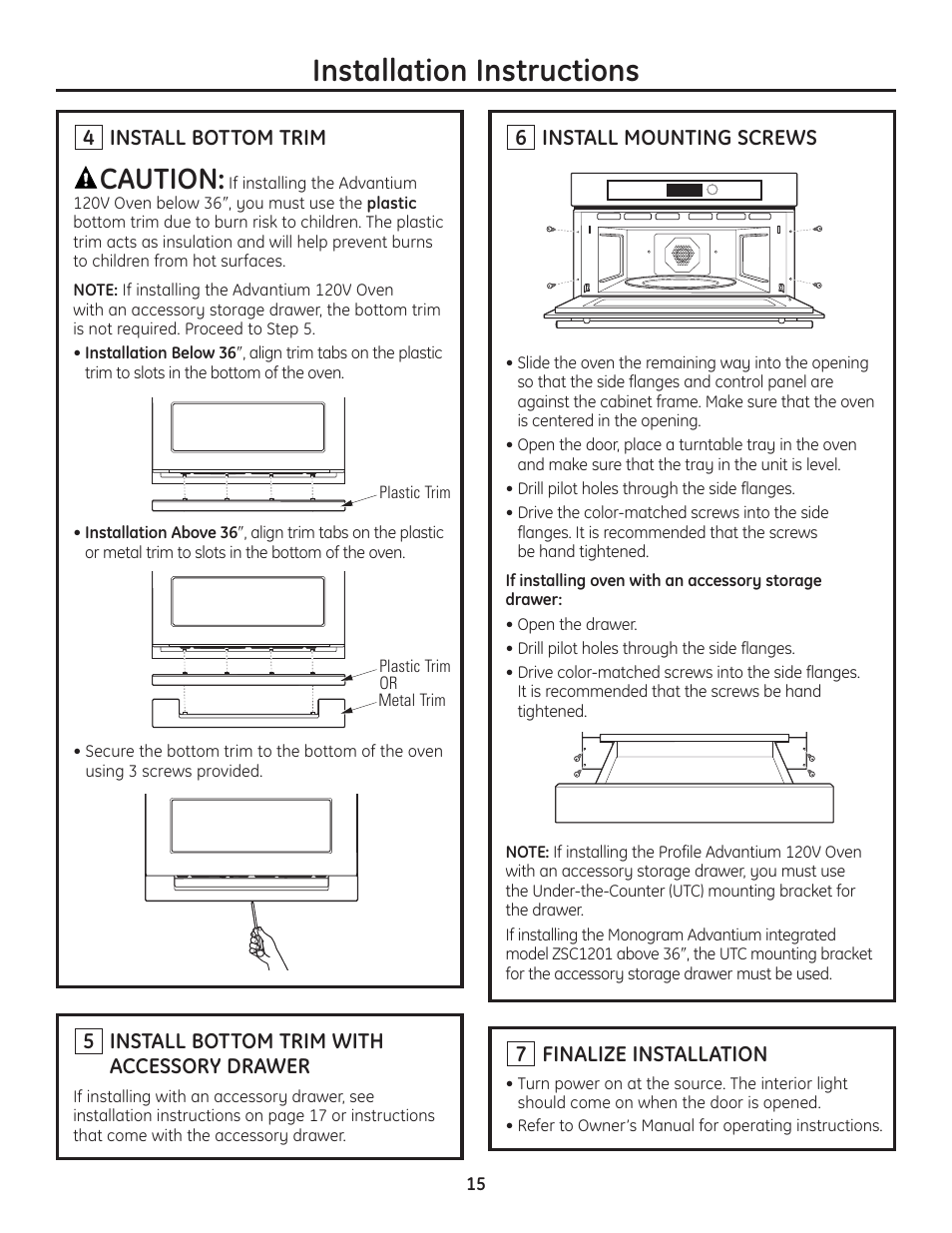 Step 4, install bottom trim, Step 5, install mounting screws, Step 6, finalize installation | Installation instructions, Caution | GE Advantium ZSC1202SS User Manual | Page 15 / 20