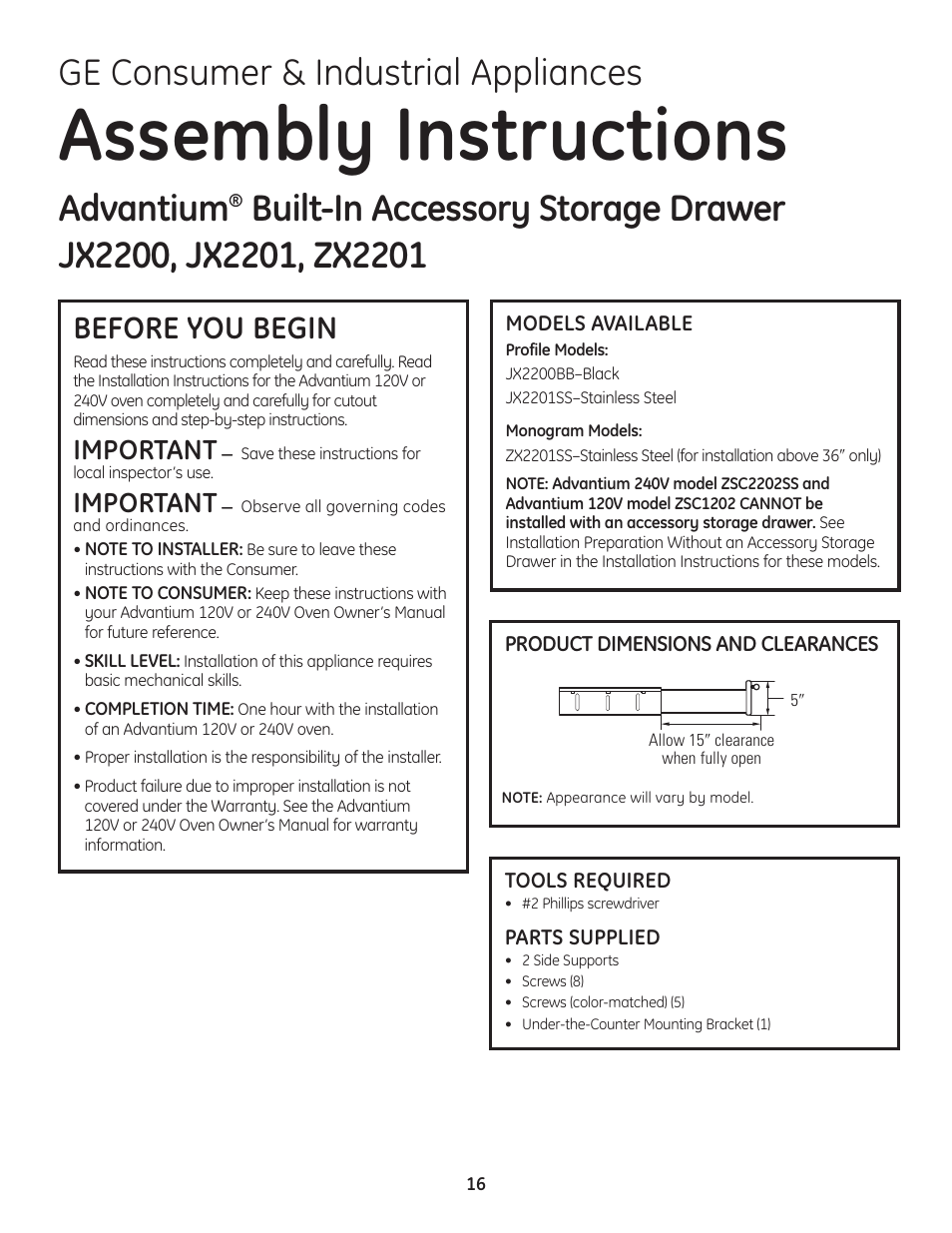 Assembly instructions, Ge consumer & industrial appliances, Advantium | Before you begin, Important | GE Advantium ZSC1202SS User Manual | Page 16 / 20